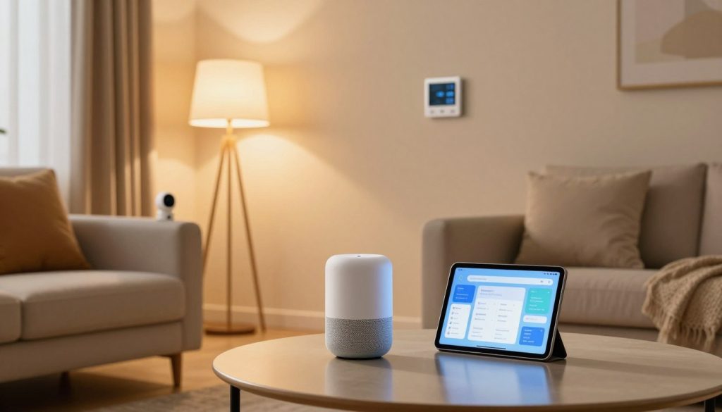 A cozy, modern living room showcases essential smart home devices for beginners. In the foreground, a sleek smart speaker stands on a stylish coffee table beside a tablet displaying a user-friendly smart home app. The middle layer features a smart thermostat mounted on the wall, with soft, warm lighting illuminating the space to create a welcoming atmosphere. A smart light bulb casts gentle light from a floor lamp, enhancing the homey feel. In the background, a smart security camera is discreetly placed near a window. The scene is captured with a wide-angle lens to provide a spacious perspective, highlighting the balance between technology and comfort in a beginner-friendly smart home setting. The mood is friendly, inviting, and educational. A cozy, modern living room showcases essential smart home devices for beginners. In the foreground, a sleek smart speaker stands on a stylish coffee table beside a tablet displaying a user-friendly smart home app. The middle layer features a smart thermostat mounted on the wall, with soft, warm lighting illuminating the space to create a welcoming atmosphere. A smart light bulb casts gentle light from a floor lamp, enhancing the homey feel. In the background, a smart security camera is discreetly placed near a window. The scene is captured with a wide-angle lens to provide a spacious perspective, highlighting the balance between technology and comfort in a beginner-friendly smart home setting. The mood is friendly, inviting, and educational.