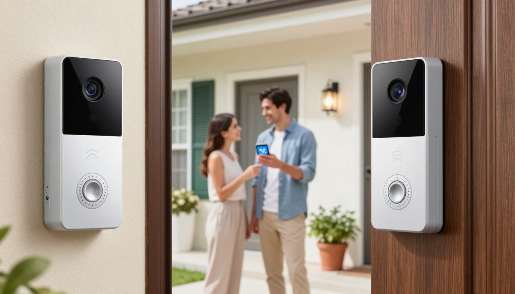 A detailed illustration of essential video doorbell features displayed on a modern residential entryway. In the foreground, a sleek video doorbell unit is mounted on a stylish front door, showcasing its high-definition camera, motion detection, and two-way audio capabilities. In the middle ground, a family can be seen interacting with the doorbell through a smartphone app, highlighting remote monitoring and notifications. The background features a well-lit, inviting porch with potted plants and modern lighting fixtures, evoking a sense of smart home security. The scene is bright and well-lit, suggesting a safe and friendly atmosphere, with a slight focus using a 50mm lens to emphasize the doorbell and family interaction, creating an engaging and informative visual.