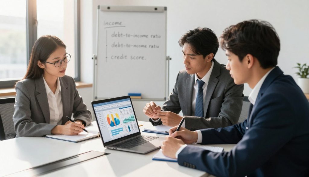 A diverse group of three professionals sitting around a modern conference table, analyzing a financial spreadsheet on a laptop, with charts and graphs representing home affordability. In the foreground, one person, a woman with glasses in a business casual outfit, points at a graph, while a man in a suit and tie, seated next to her, takes notes. In the middle background, a whiteboard filled with key factors like "income," "debt-to-income ratio," and "credit score" is visible. The setting is a bright, airy office with large windows letting in warm sunlight, casting soft shadows. The atmosphere is collaborative and focused, emphasizing determination and strategic thinking. The image is shot from a slightly elevated angle, providing a clear view of the table and participants. A diverse group of three professionals sitting around a modern conference table, analyzing a financial spreadsheet on a laptop, with charts and graphs representing home affordability. In the foreground, one person, a woman with glasses in a business casual outfit, points at a graph, while a man in a suit and tie, seated next to her, takes notes. In the middle background, a whiteboard filled with key factors like "income," "debt-to-income ratio," and "credit score" is visible. The setting is a bright, airy office with large windows letting in warm sunlight, casting soft shadows. The atmosphere is collaborative and focused, emphasizing determination and strategic thinking. The image is shot from a slightly elevated angle, providing a clear view of the table and participants.