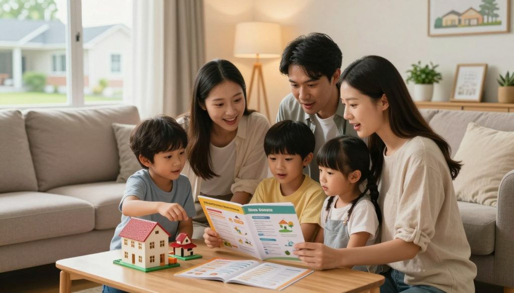 A family of four, consisting of a mother, father, and two children, stand in the foreground of a cozy living room filled with a sense of excitement and hope. The parents are engaged in a discussion, looking over a colorful first-time home buyer guide laid out on a coffee table, which contains illustrated steps and checklists. The children are playfully interacting with a set of toy houses nearby. In the middle ground, the living room is decorated with warm tones, featuring a comfortable sofa, houseplants, and soft lighting from a nearby window. The background reveals a slight glimpse of a beautiful home with a front yard, suggesting future possibilities. The overall atmosphere is warm, inviting, and optimistic, reflecting the joy of embarking on the home buying journey. A family of four, consisting of a mother, father, and two children, stand in the foreground of a cozy living room filled with a sense of excitement and hope. The parents are engaged in a discussion, looking over a colorful first-time home buyer guide laid out on a coffee table, which contains illustrated steps and checklists. The children are playfully interacting with a set of toy houses nearby. In the middle ground, the living room is decorated with warm tones, featuring a comfortable sofa, houseplants, and soft lighting from a nearby window. The background reveals a slight glimpse of a beautiful home with a front yard, suggesting future possibilities. The overall atmosphere is warm, inviting, and optimistic, reflecting the joy of embarking on the home buying journey.