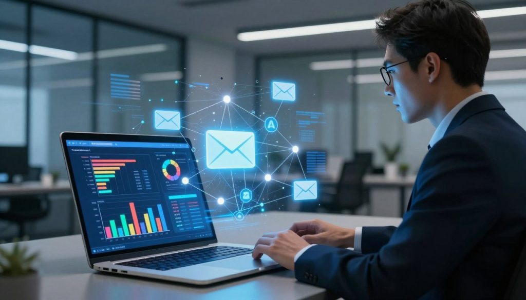 A high-tech digital interface representing AI algorithms for email campaigns. In the foreground, a sleek laptop displays colorful graphs and charts analyzing email open rates and engagement statistics, radiating a soft blue glow. The middle layer features holographic elements showing interconnected nodes, symbolizing data flow and AI analytics, with a professional-looking individual in business attire observing the data intently. In the background, a futuristic office setting with glass walls and modern decor reflects dynamic lighting, emphasizing productivity and innovation. The atmosphere should evoke a sense of empowerment and technological advancement, with a focus on the application of AI in enhancing email marketing strategies. The scene captures a moment of inspiration and strategic thinking without any text or branding elements.