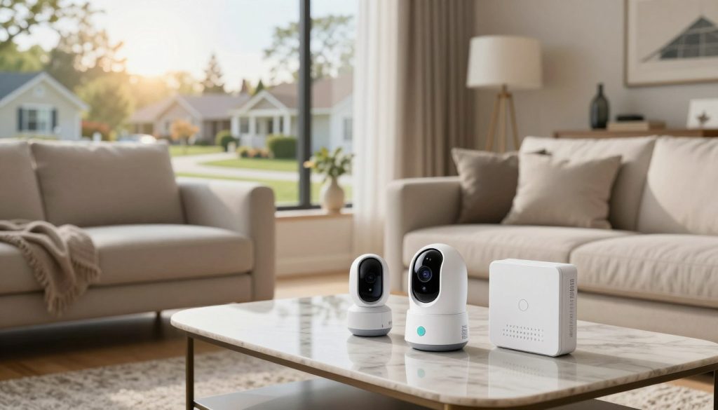 A modern living room showcasing a top-rated smart home security system, featuring sleek devices like a smart camera, doorbell, and sensors installed around a stylish, well-furnished space. The foreground includes the security devices prominently displayed on a stylish coffee table, while the midground showcases a cozy sofa and elegant decor. In the background, a large window reveals a serene suburban neighborhood, bathed in warm afternoon sunlight filtering through, creating a safe and welcoming atmosphere. The scene is captured with a wide-angle lens to emphasize the home’s inviting aura, conveying peace of mind and security. The overall mood is calm and reassuring, highlighting the importance of smart technology in enhancing family safety.