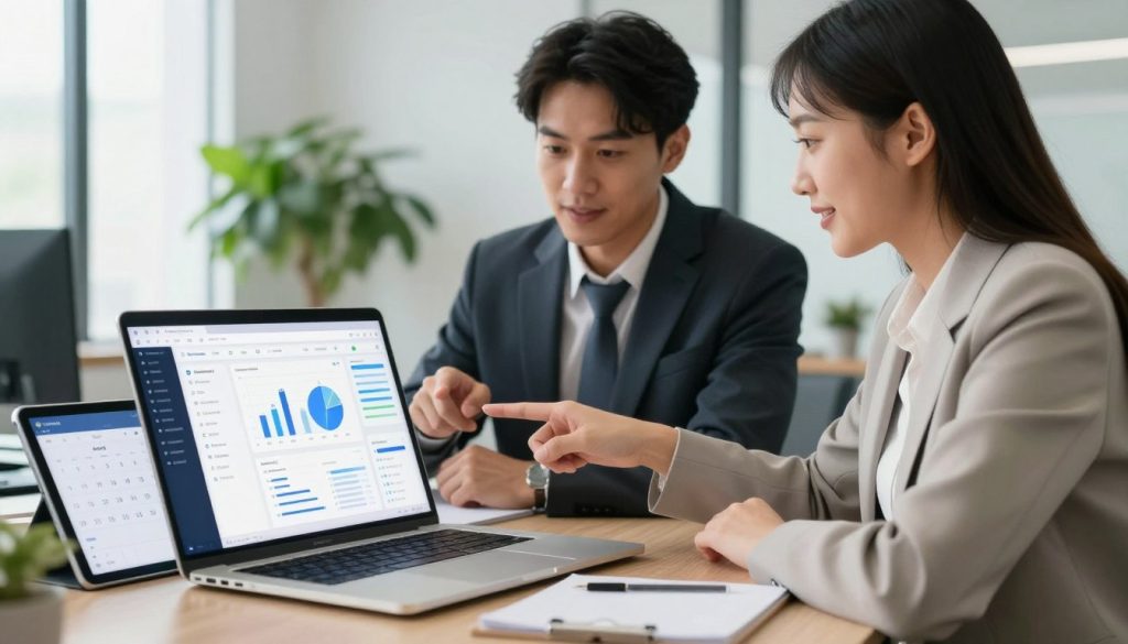 A modern office setting showcasing various artificial intelligence productivity tools in action. In the foreground, a sleek laptop displaying an AI-driven project management software interface, with graphs and analytics visible. Beside it, a digital tablet showing a calendar sync feature. In the middle, a professional man and woman in business attire collaborate, pointing at the laptop screen, exuding focus and teamwork. The background features a bright, airy office space with large windows allowing natural light to flood in, illuminating a green indoor plant for a touch of nature. The atmosphere is vibrant and efficient, symbolizing innovation and modernity, captured with a slight depth of field to emphasize the tools and the professionals.