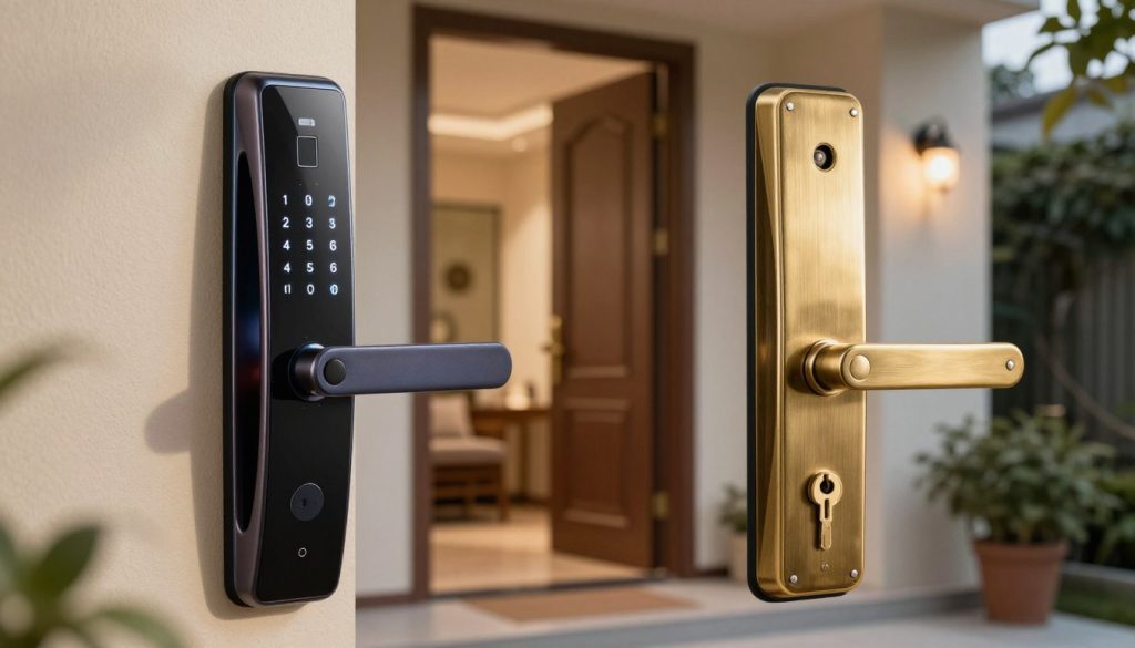 A side-by-side comparison of a smart lock and a traditional lock set against a stylish, modern home entrance. In the foreground, the smart lock features a sleek design with a digital keypad and a fingerprint scanner, illuminated by soft LED lights, showcasing its high-tech appeal. Next to it, the traditional lock appears robust with a classic keyhole and a shiny brass finish, representing timeless security. In the middle ground, a welcoming door stands open, revealing a cozy interior. In the background, soft evening light bathes the scene, creating a warm and inviting atmosphere. Utilize a slightly angled perspective to highlight both lock types, with a bokeh effect on the surrounding plants to enhance focus on the locks. A side-by-side comparison of a smart lock and a traditional lock set against a stylish, modern home entrance. In the foreground, the smart lock features a sleek design with a digital keypad and a fingerprint scanner, illuminated by soft LED lights, showcasing its high-tech appeal. Next to it, the traditional lock appears robust with a classic keyhole and a shiny brass finish, representing timeless security. In the middle ground, a welcoming door stands open, revealing a cozy interior. In the background, soft evening light bathes the scene, creating a warm and inviting atmosphere. Utilize a slightly angled perspective to highlight both lock types, with a bokeh effect on the surrounding plants to enhance focus on the locks.