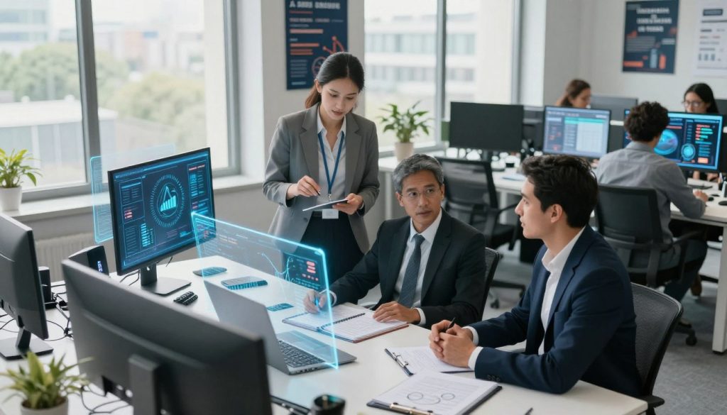 A sleek modern office environment illuminated by soft, natural light filtering through large windows. In the foreground, a diverse group of three professionals—two men and one woman—are engaged in a collaborative discussion, dressed in smart business attire. They are surrounded by futuristic technology, including holographic displays and touchscreen interfaces showcasing various AI applications designed for small businesses. In the middle ground, a modern desk is cluttered with notepads and a laptop displaying graphs and productivity metrics. The background features motivational posters related to innovation and teamwork. The overall atmosphere is dynamic and inspiring, emphasizing productivity and efficiency through cutting-edge AI tools, shot from a slightly elevated angle to capture the entire scene's vibrancy and energy. A sleek modern office environment illuminated by soft, natural light filtering through large windows. In the foreground, a diverse group of three professionals—two men and one woman—are engaged in a collaborative discussion, dressed in smart business attire. They are surrounded by futuristic technology, including holographic displays and touchscreen interfaces showcasing various AI applications designed for small businesses. In the middle ground, a modern desk is cluttered with notepads and a laptop displaying graphs and productivity metrics. The background features motivational posters related to innovation and teamwork. The overall atmosphere is dynamic and inspiring, emphasizing productivity and efficiency through cutting-edge AI tools, shot from a slightly elevated angle to capture the entire scene's vibrancy and energy.