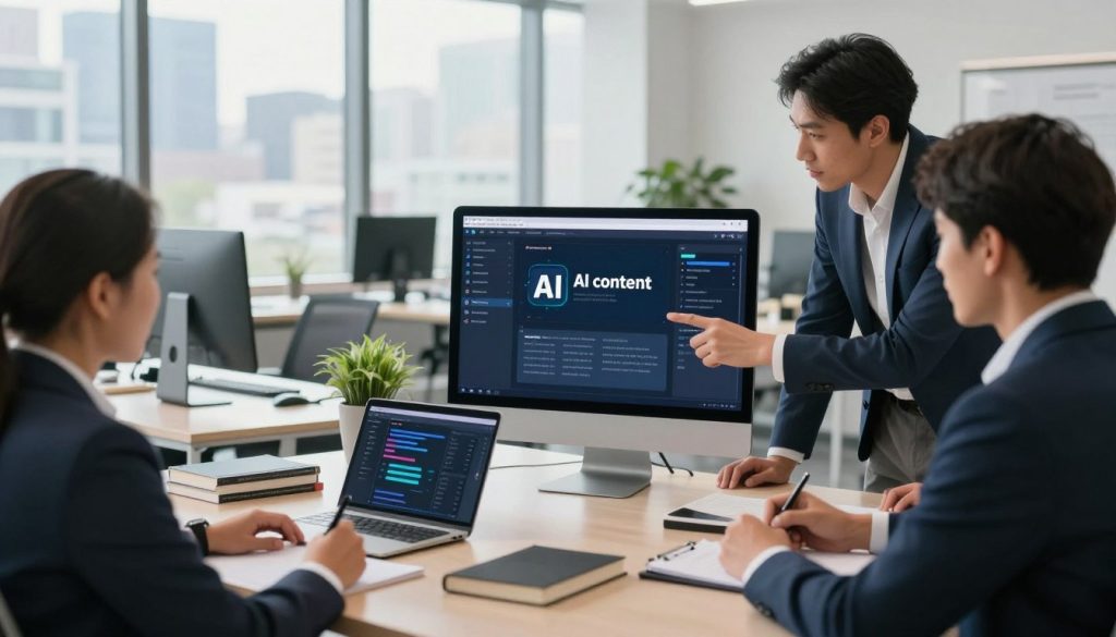 A sleek, modern workspace featuring a computer displaying an intuitive AI content creation software interface. In the foreground, a diverse group of three professionals in business attire collaborates, with one pointing at the screen while others take notes. The middle ground includes a coffee table with various digital devices, books on content strategy, and a potted plant, creating a productive atmosphere. The background showcases large windows allowing natural light to flood the space, highlighting a city skyline. The mood is focused and innovative, reflecting a dynamic workflow enhanced by AI technology. Capture the scene with a wide-angle lens, emphasizing depth and clarity, while ensuring a bright and inviting ambiance.