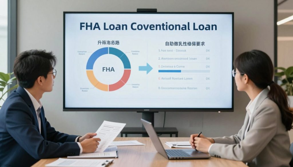 A visually engaging comparison of FHA loan and conventional loan, set in a professional office environment. In the foreground, two business professionals—one in a smart suit representing FHA loans and the other in a business casual outfit for conventional loans—are engaged in discussion over a large table with documents and a laptop. The middle ground features a large, clear infographic illustrating key differences, such as interest rates and eligibility requirements, displayed on a digital screen. The background showcases an elegant office space with soft, natural lighting filtering through a window, creating an inviting and informative atmosphere. The composition should convey a sense of analysis and clarity, ideal for financial decision-making.