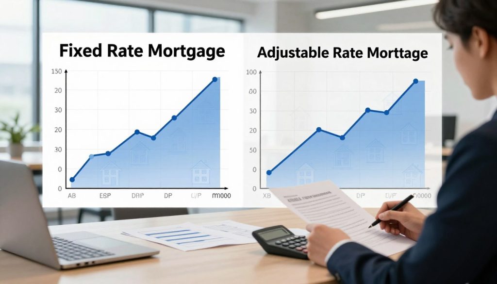 A visually engaging split-screen image illustrating "Fixed Rate Mortgage" on the left and "Adjustable Rate Mortgage" on the right. The foreground shows a neatly organized desk with a professional in business attire, analyzing mortgage documents and calculators. The middle layer features a line graph displaying a fixed rate's stability alongside a fluctuating graph representing adjustable rates, both overlaid on blueprints of houses in a subtle pattern. In the background, a bright, modern office space with large windows allows natural light to flood in, creating an inviting atmosphere. The overall mood conveys clarity and professionalism, emphasizing the importance of understanding mortgage options. The composition should be well-balanced, focusing on the visuals of the mortgage types without any text or captions. A visually engaging split-screen image illustrating "Fixed Rate Mortgage" on the left and "Adjustable Rate Mortgage" on the right. The foreground shows a neatly organized desk with a professional in business attire, analyzing mortgage documents and calculators. The middle layer features a line graph displaying a fixed rate's stability alongside a fluctuating graph representing adjustable rates, both overlaid on blueprints of houses in a subtle pattern. In the background, a bright, modern office space with large windows allows natural light to flood in, creating an inviting atmosphere. The overall mood conveys clarity and professionalism, emphasizing the importance of understanding mortgage options. The composition should be well-balanced, focusing on the visuals of the mortgage types without any text or captions.